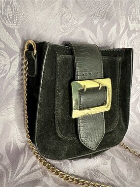 Black Faux Suede Vintage Like Dreams Crossbody Bag with Gold Buckle
